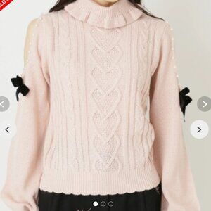 Ank Rouge Pink Heart Cable Knit Cold Shoulder Ruffle Turtleneck Sweater